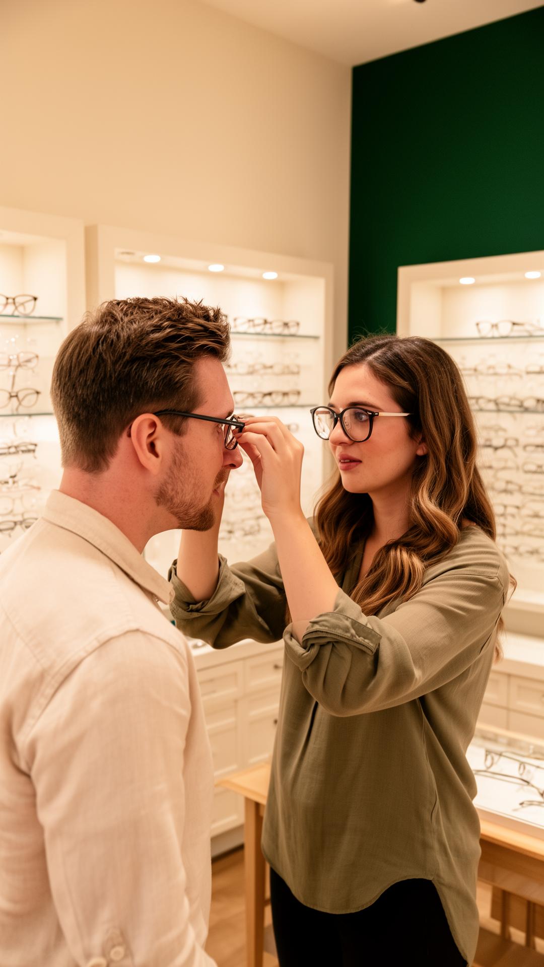 Optician helping a customer try on glasses