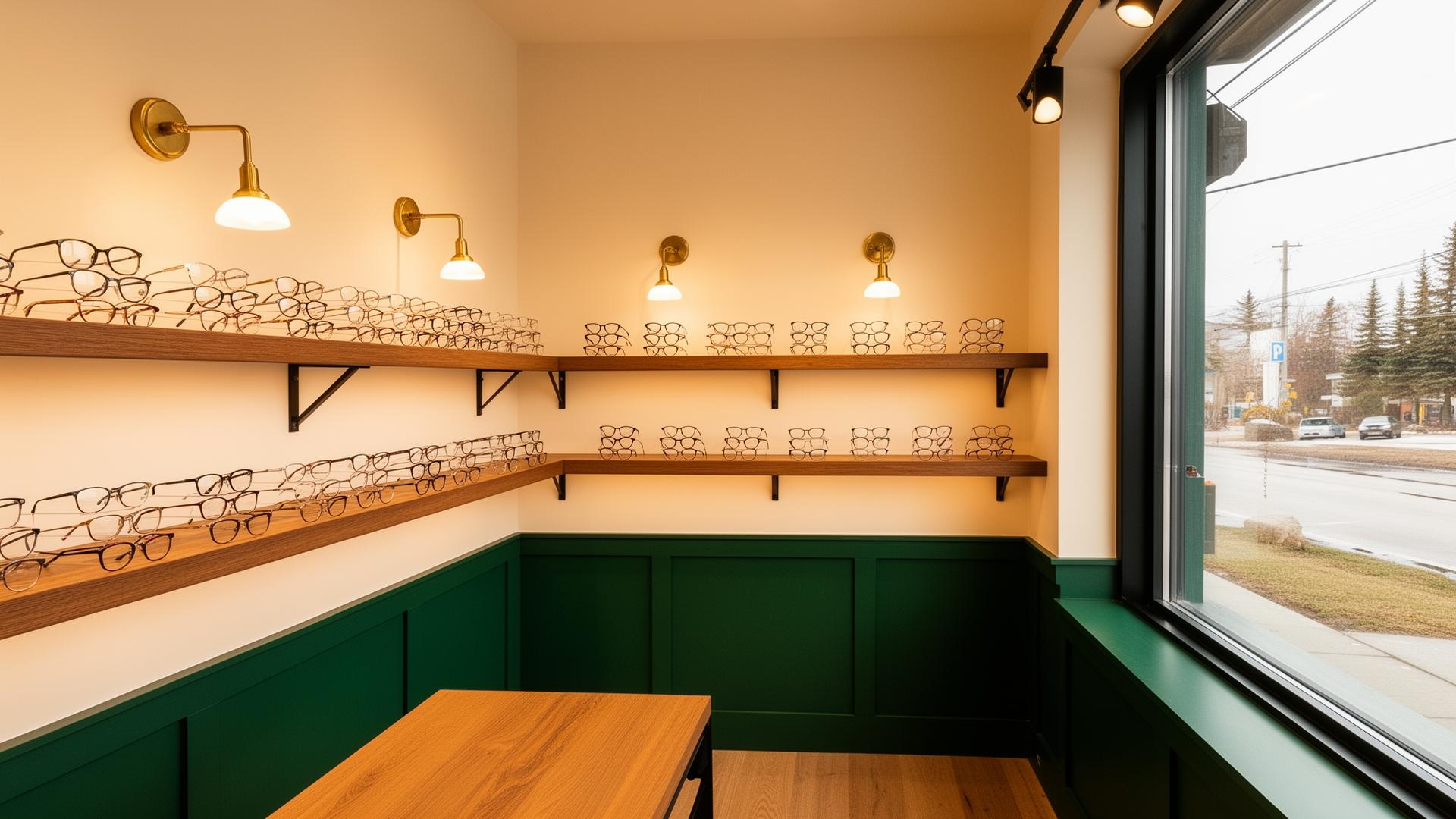 Inside iOptic — warm interior with eyewear shelves